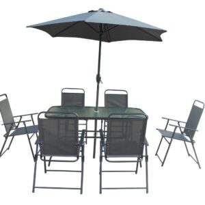 8 Piece Outdoor Dining Round Glass Patio Table Chair Umbrella Set - Black
