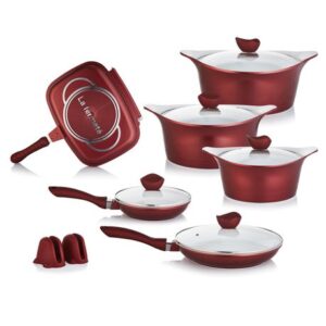 Ceramic Coated Aluminium 14 Piece Pot Cookware set - Burgundy
