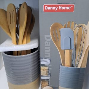 8 Piece Kitchen Bamboo Utensil set With Ceramic Holder