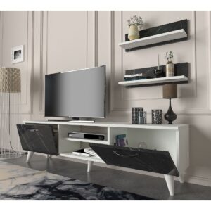 Geacles Tv Unit Display Plasma Stand 2 Display-Shelves - White & Marble